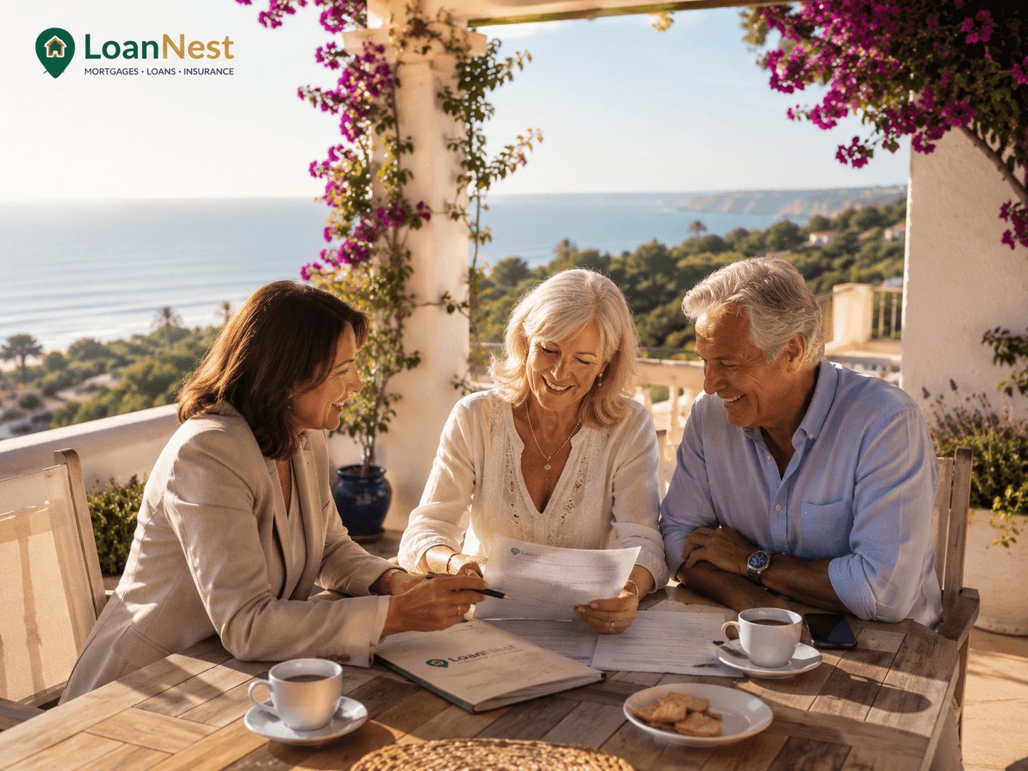Broker with couple on terrace